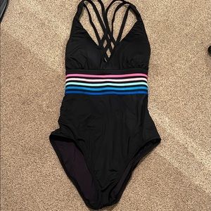 La Blanca black one piece bathing suit with rainbow stripe